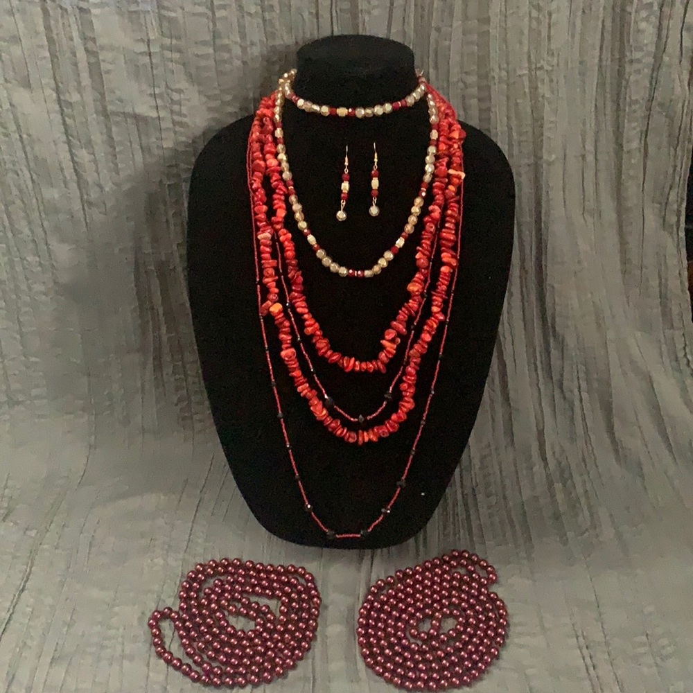 Lot of 5 Red Beaded Necklaces and Earrings.